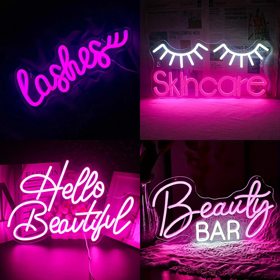 Beauty Makeup Bar - Neon Sign Eyelashes Light Pink Glow
